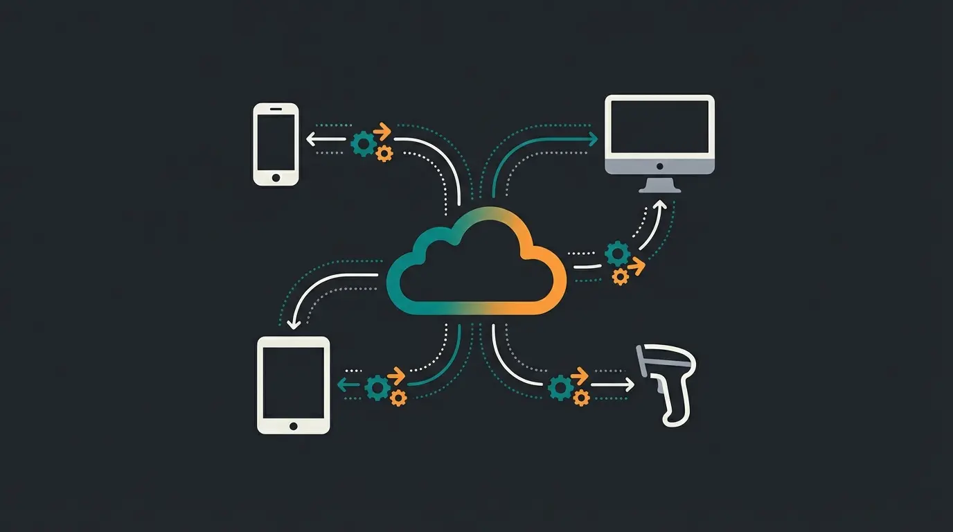 Cloud-based inventory software architecture showing real-time data synchronization across multiple devices and locations