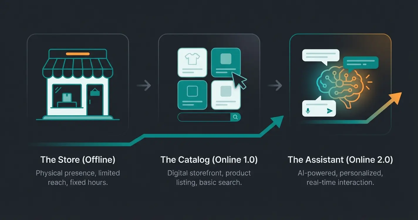 Evolution diagram showing progression from offline retail to online catalog to AI-powered intelligent commerce