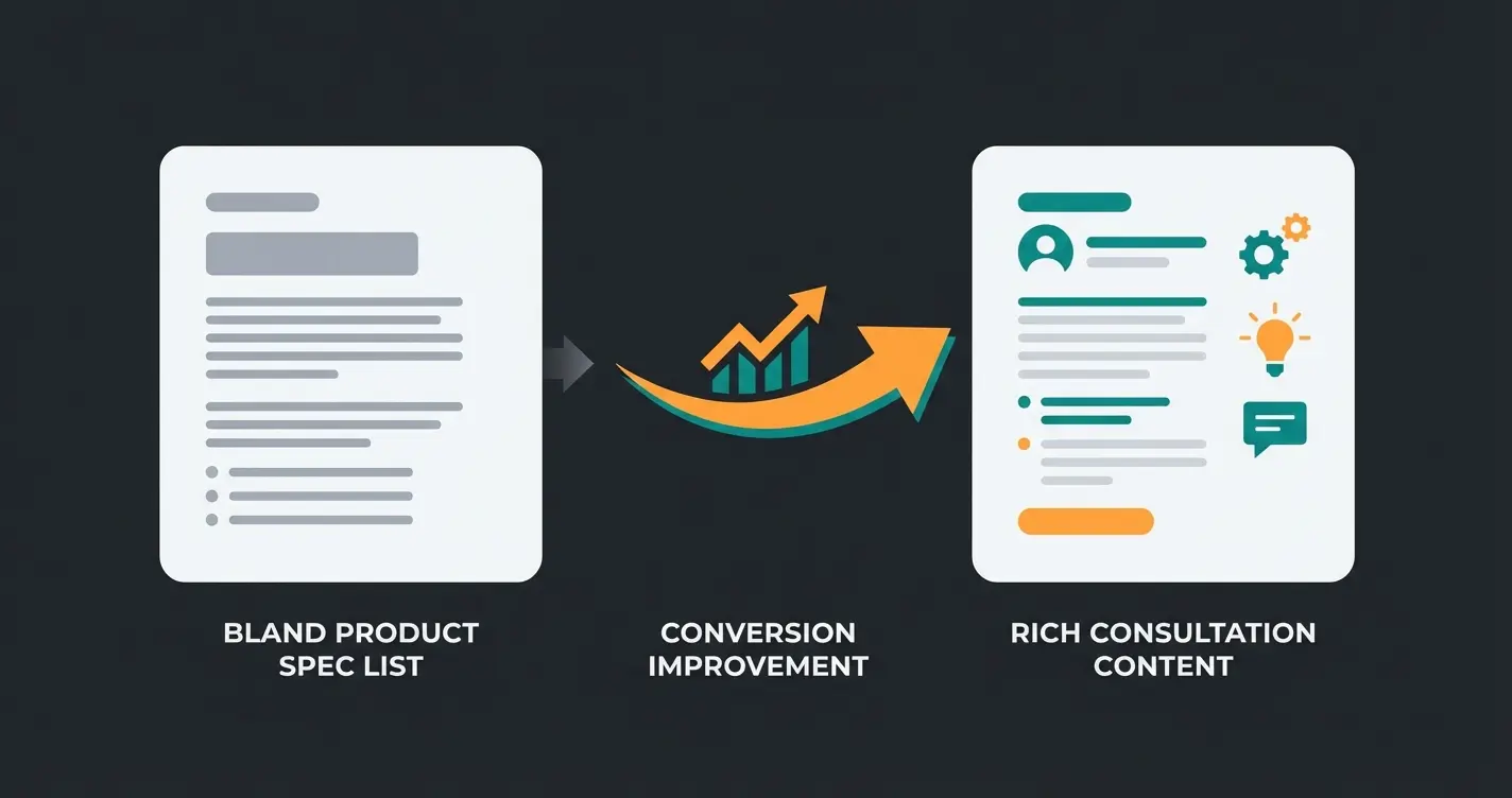 Side-by-side comparison of generic versus consultation-enriched product descriptions