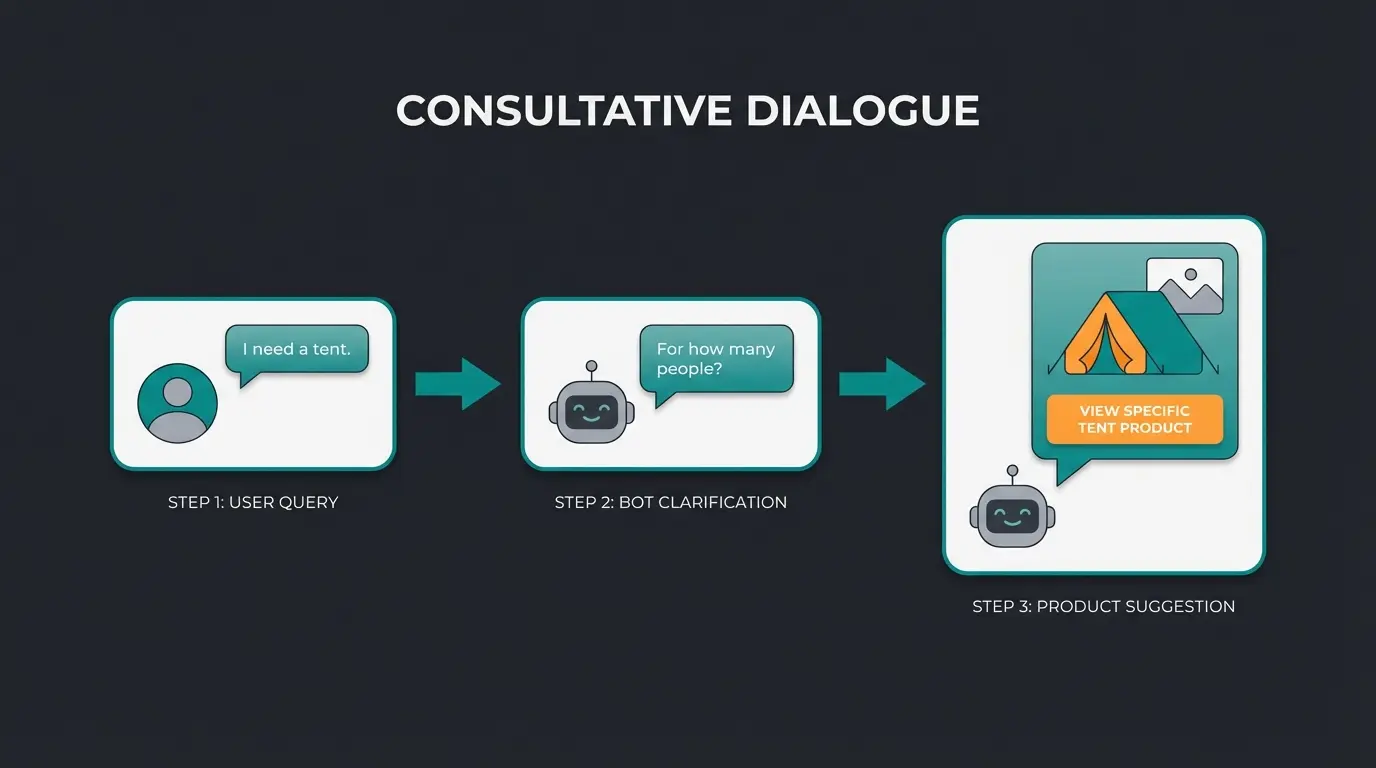Infographic showing the flow of a consultative dialogue with an AI chatbot