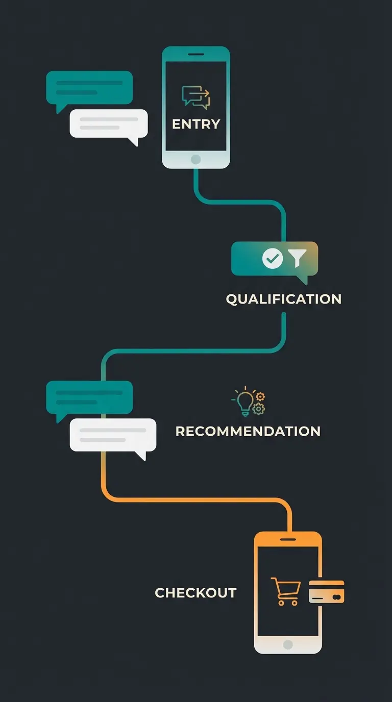 Visual flowchart showing the anatomy of an AI-powered WhatsApp sales conversation