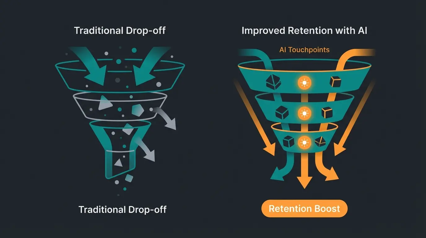 Conversion funnel comparison between traditional and AI-enhanced Magento store