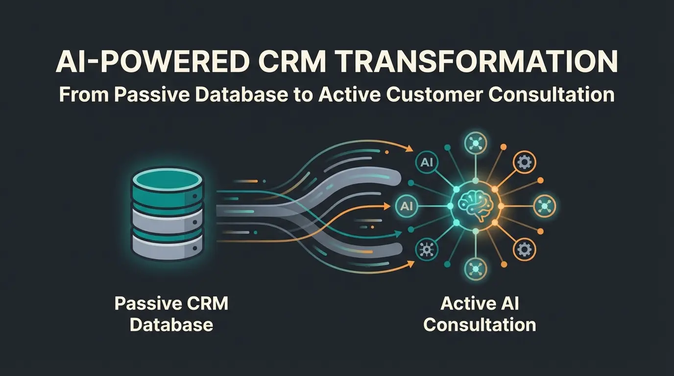 Customer management software evolution from CRM to AI consultation illustrated with connected nodes and data flows