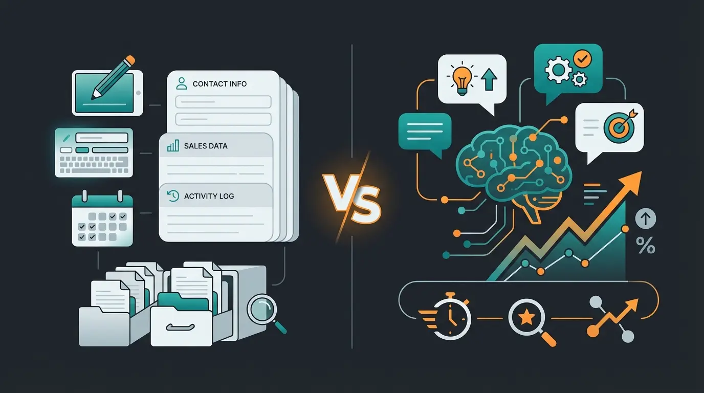 Comparison visualization between standard CRM administrative functions and AI consultation capabilities