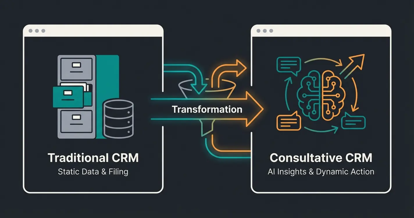 Comparison diagram showing administrative CRM versus consultative CRM features