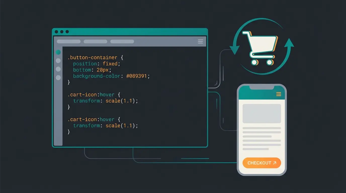 CSS code snippets for WooCommerce cart customization showing coupon field hiding, button styling, and mobile sticky checkout