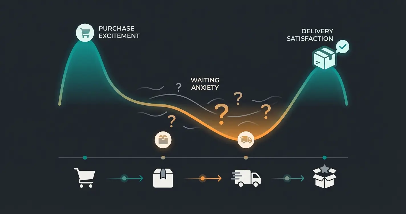 Customer emotion curve showing excitement at purchase, anxiety during shipping, and relief at delivery