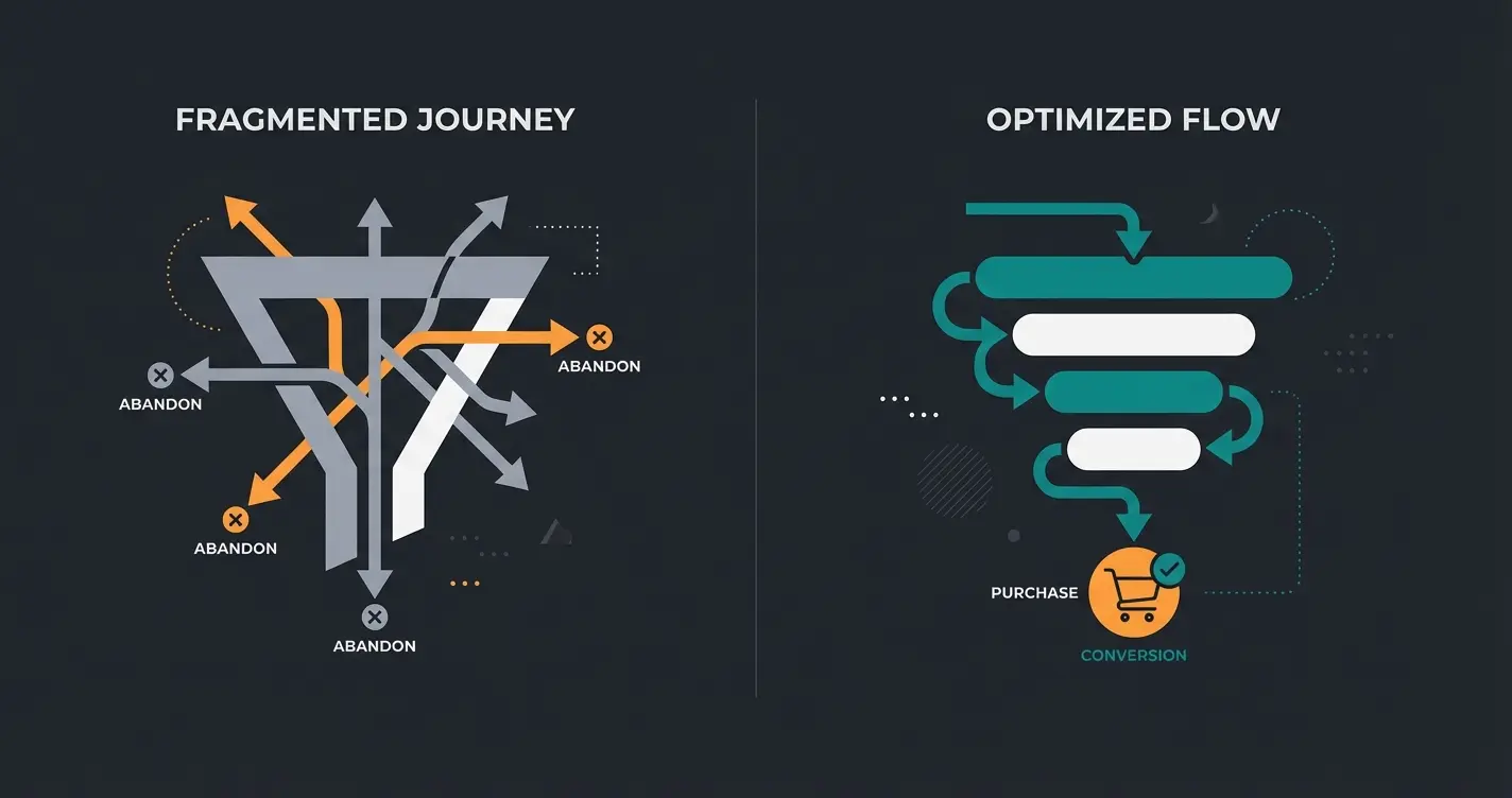 Visual comparison of customer journey with and without product finder
