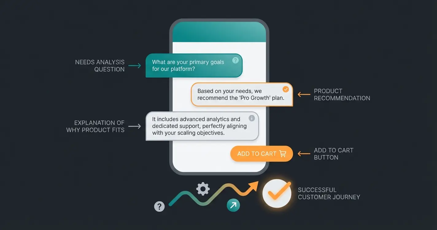 Annotated mockup showing anatomy of an effective AI product consultation conversation