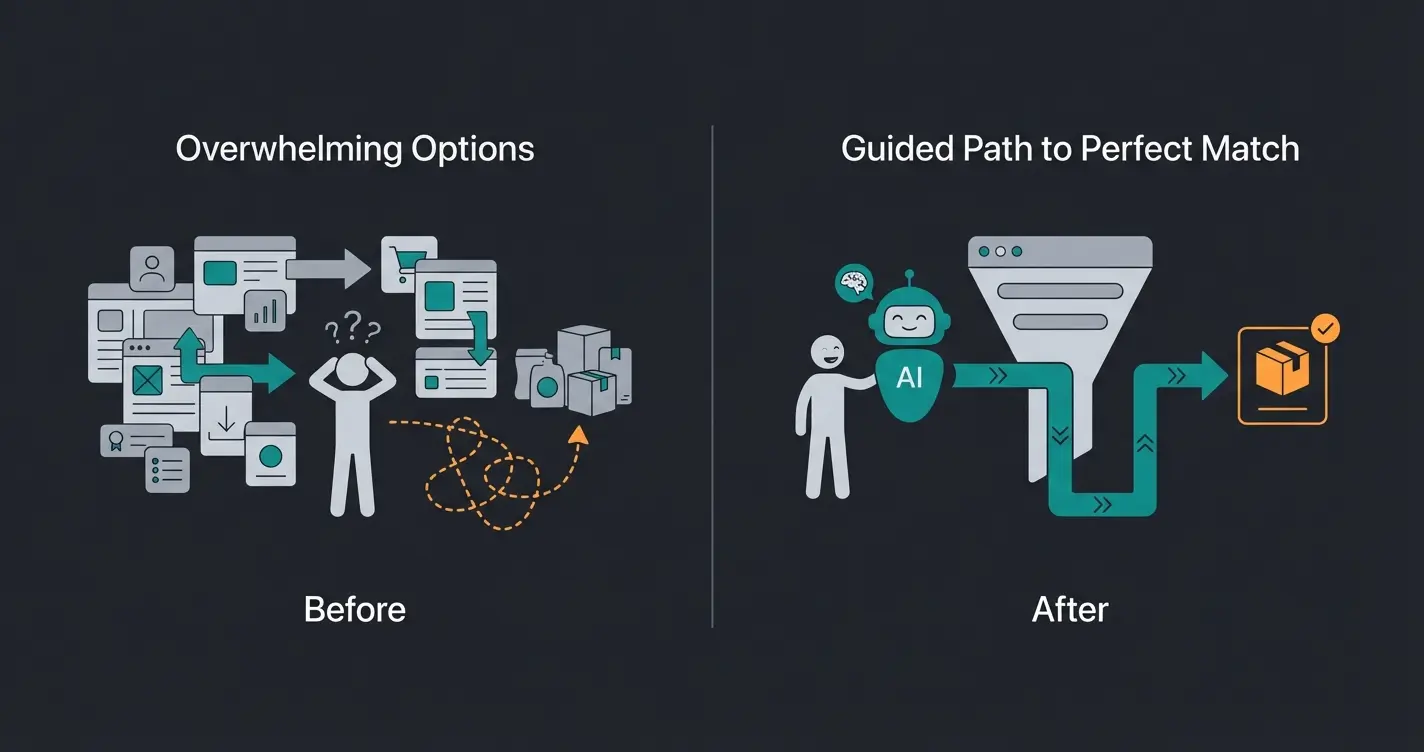 Visual comparison of confused customer journey in standard shop versus guided customer journey in AI-enhanced shop