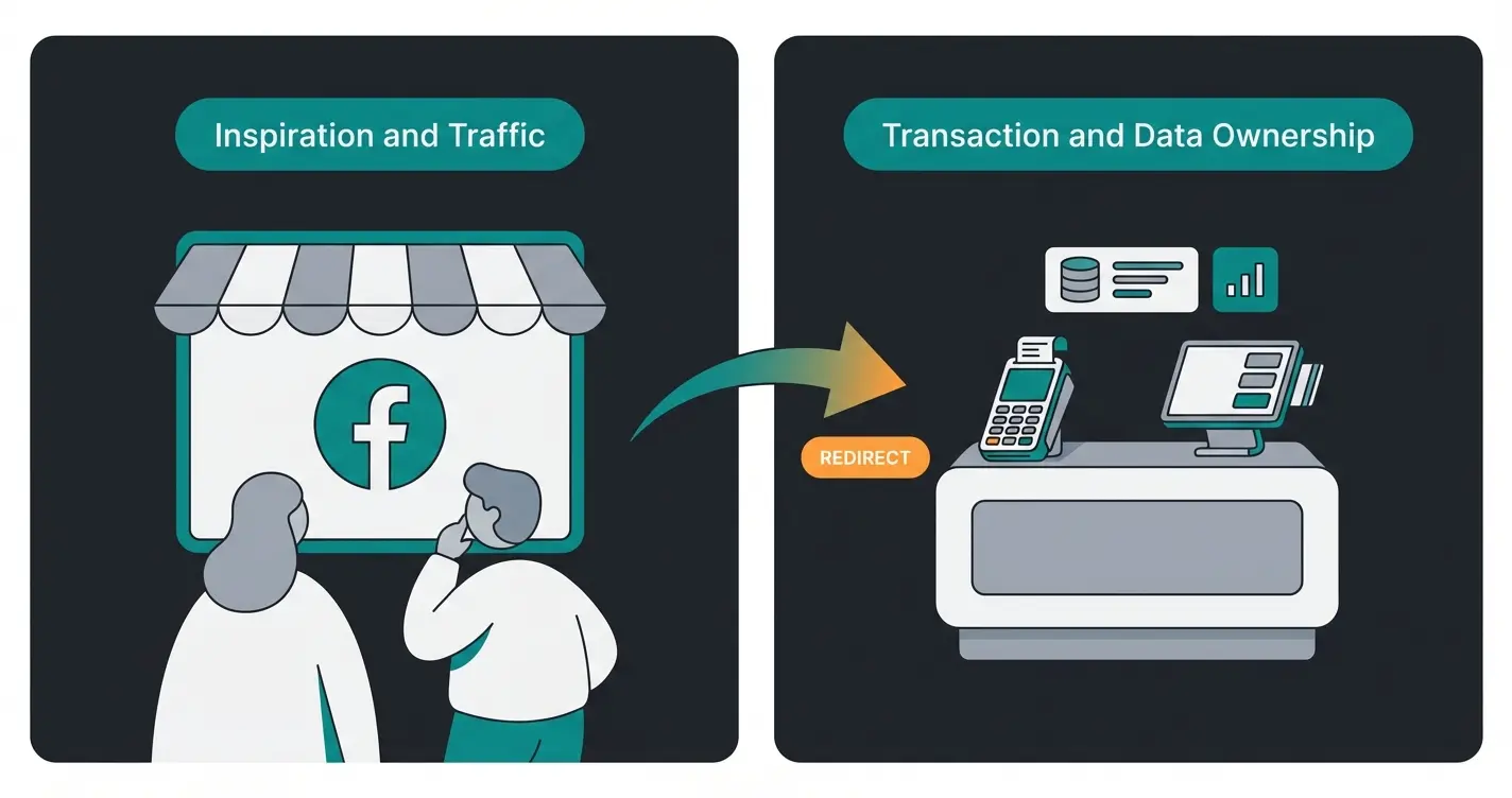 Infographic showing Facebook as showroom and Shopify as checkout counter