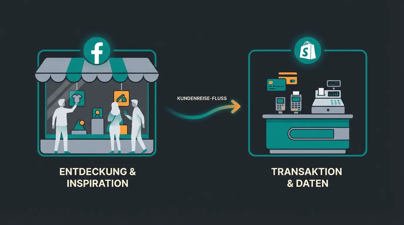 Infografik zeigt Facebook als Schaufenster und Shopify als Kasse mit Kundenfluss