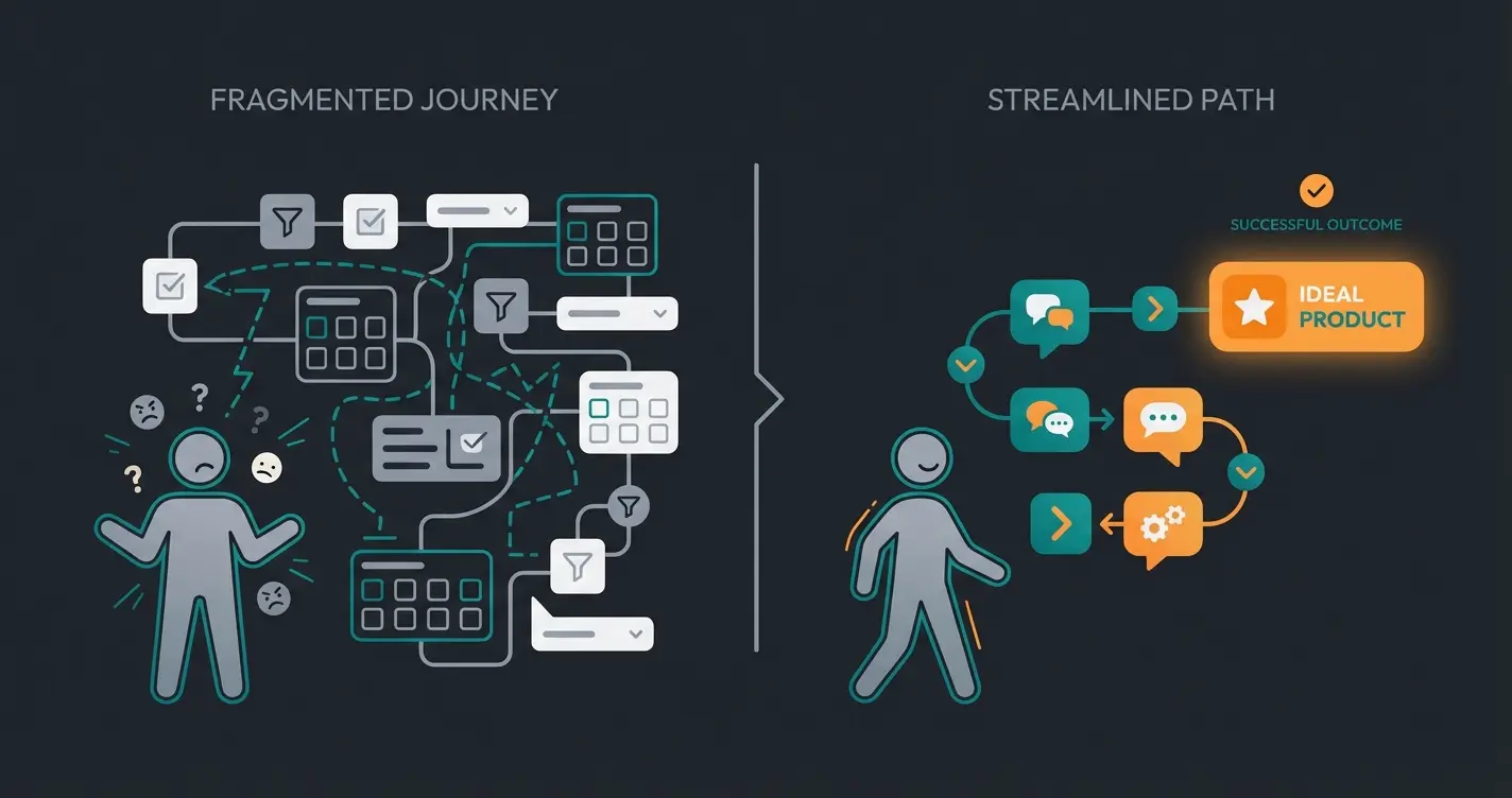 Customer journey comparison between static Magento shop and AI-guided experience