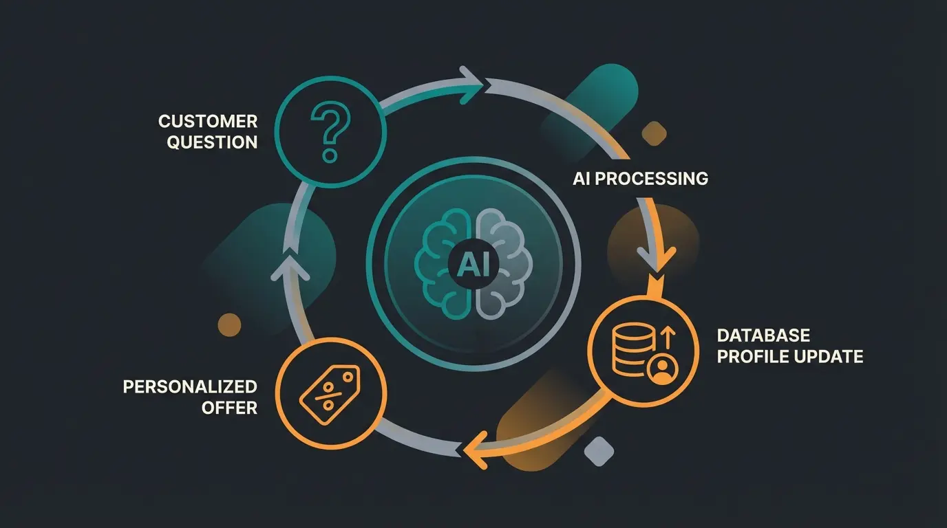 Infografik zum Lebenszyklus von Kundendaten: Von der Anfrage über KI-Analyse bis zur personalisierten Empfehlung