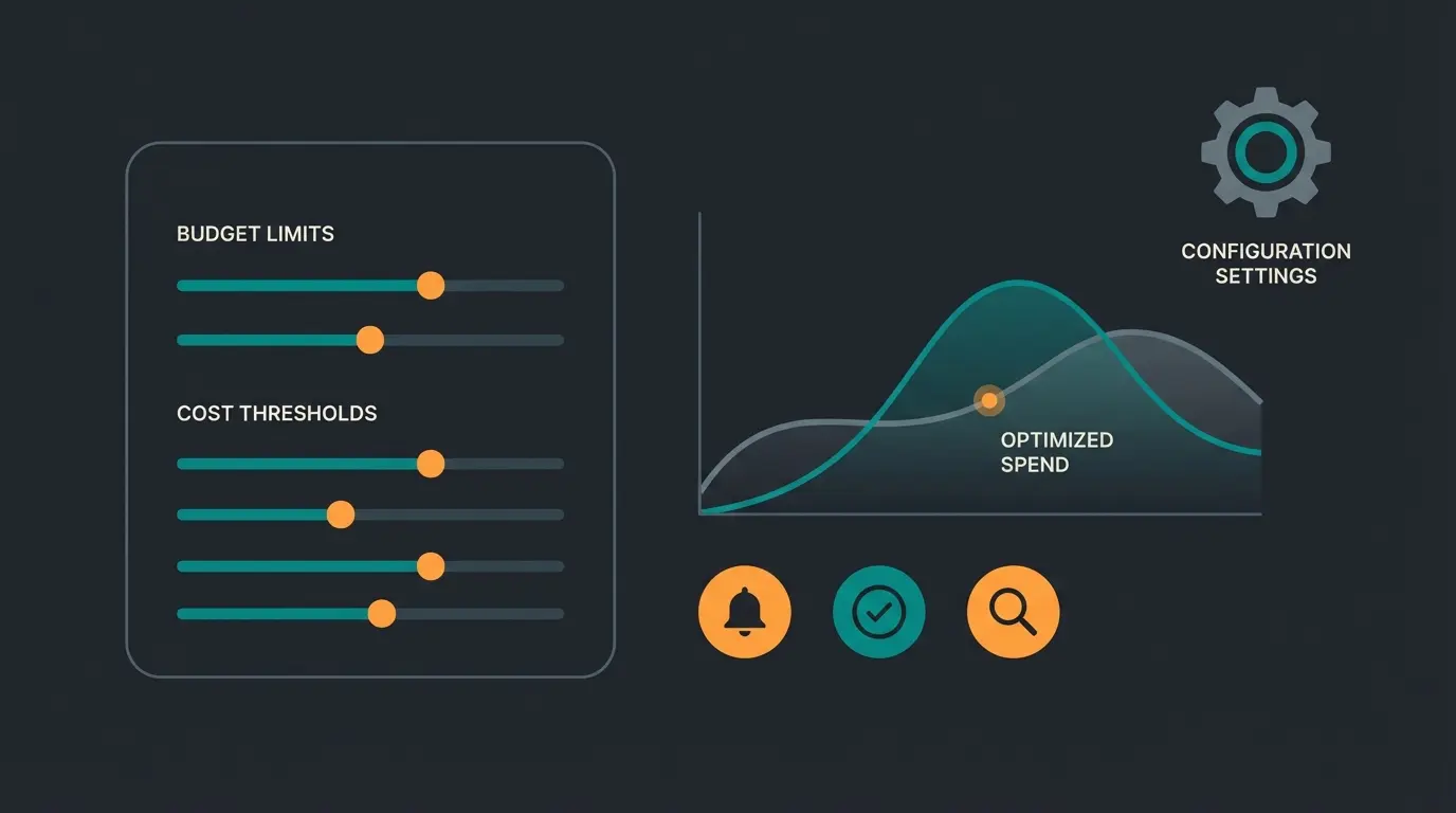 Dashboard showing cost optimization strategies for AI chatbot implementation with budget controls and monitoring metrics