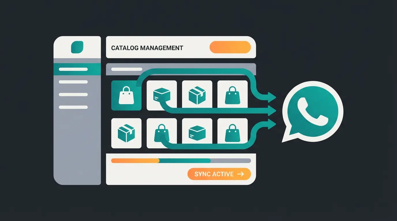Meta Commerce Manager dashboard showing catalog setup for WhatsApp integration