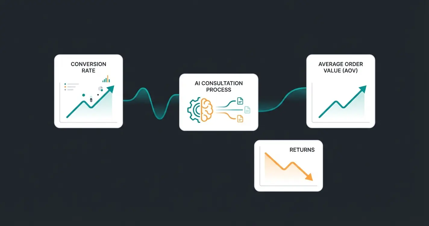 Business metrics dashboard showing improved conversion rates, higher AOV, and reduced returns through AI consultation