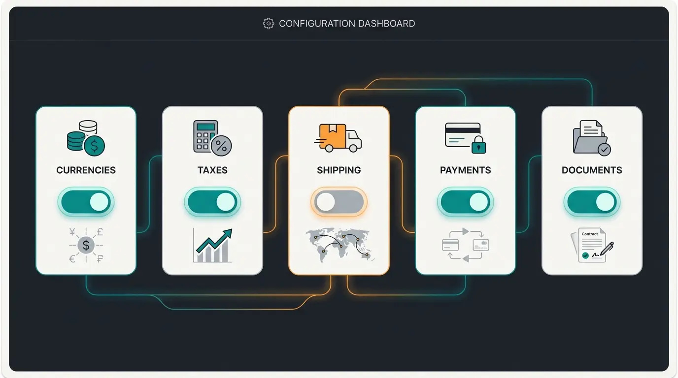 Shopware basic settings configuration dashboard showing currencies taxes and shipping setup