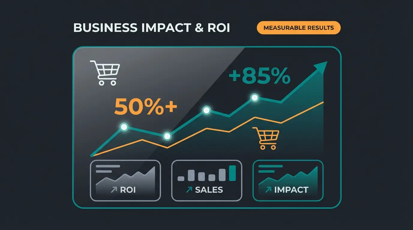 Dashboard showing AI ROI metrics including conversion rate and average order value