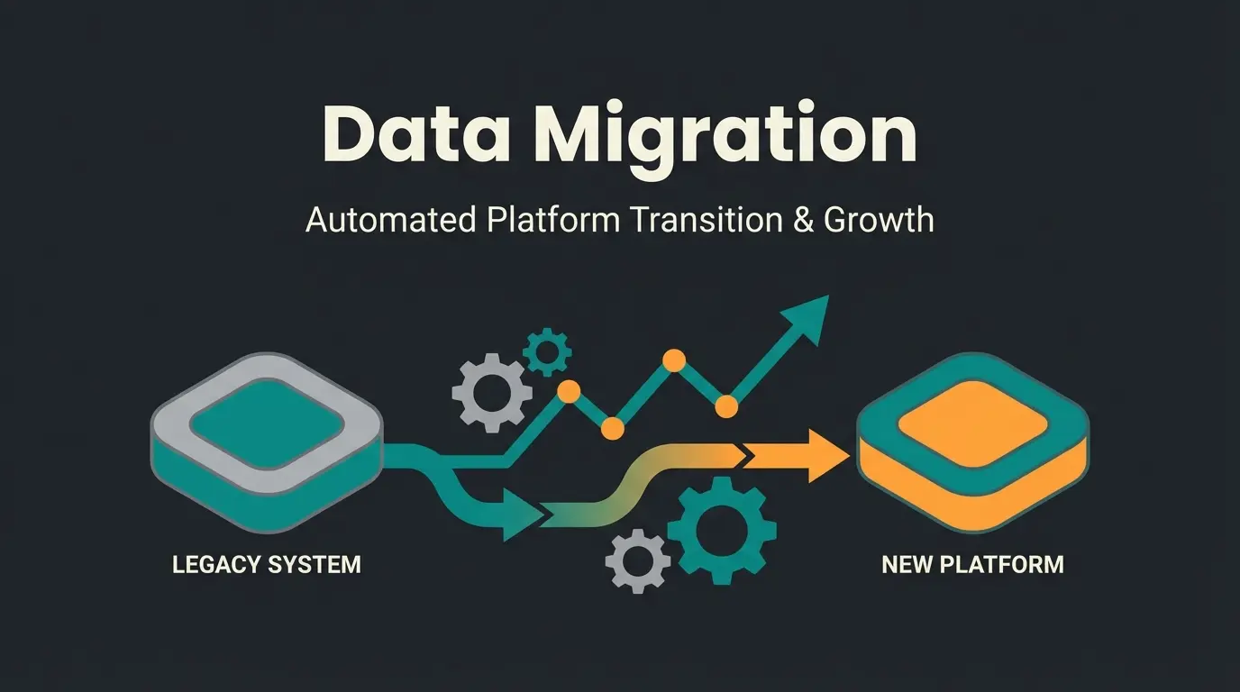 Shopware migration process visualization showing data transfer and AI integration