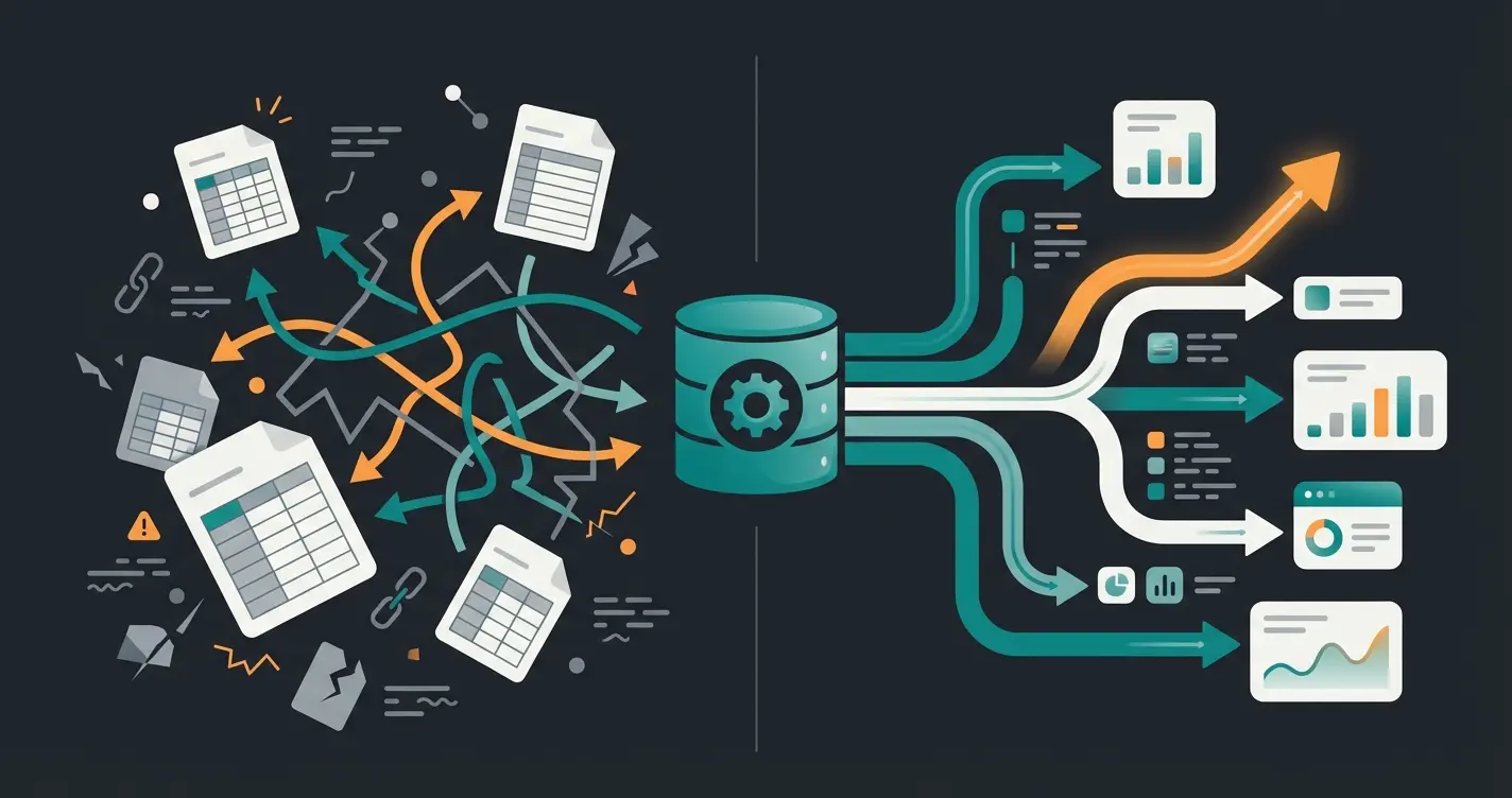 Comparison of fragmented Excel data silos versus centralized ERP data management