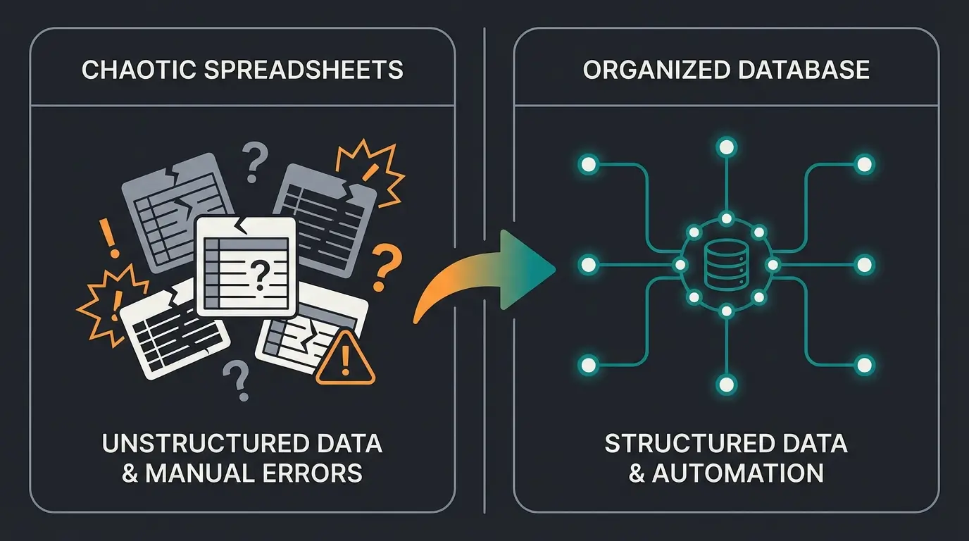 Vergleichsdarstellung Excel-Chaos versus strukturierte CRM-Datenbank
