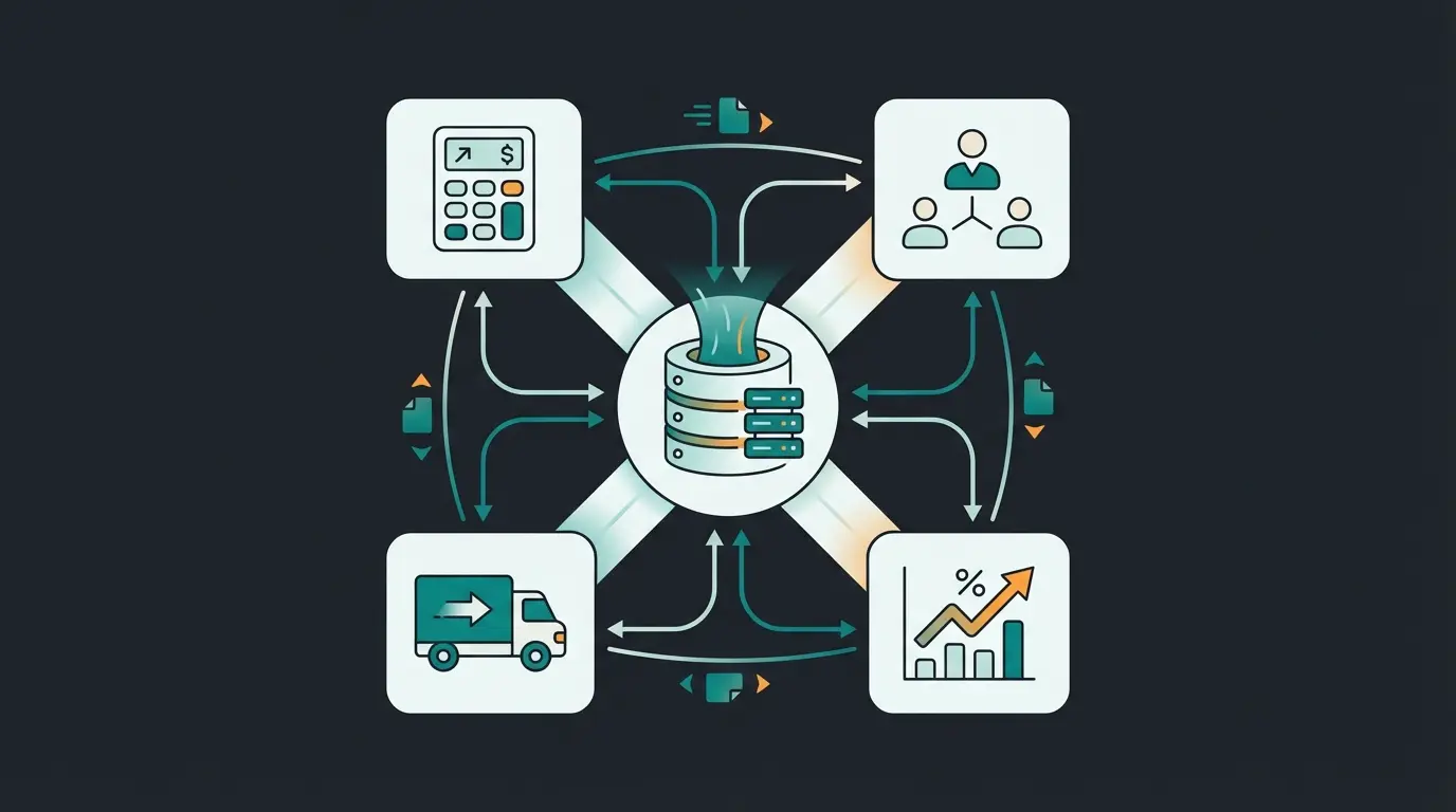 ERP-Ökosystem als Rad mit zentraler Datenbank und verbundenen Modulen