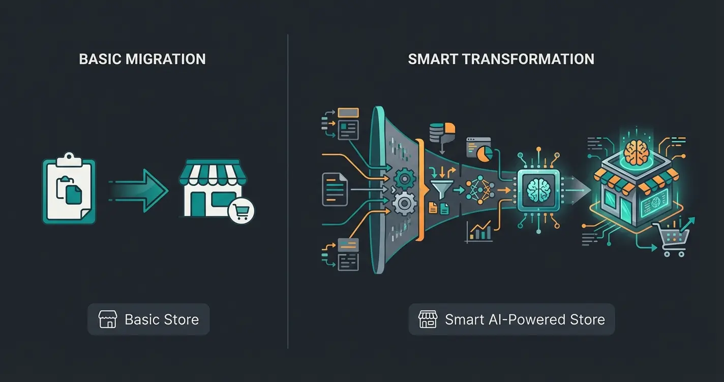 Comparison diagram showing standard migration versus AI-enhanced migration workflow