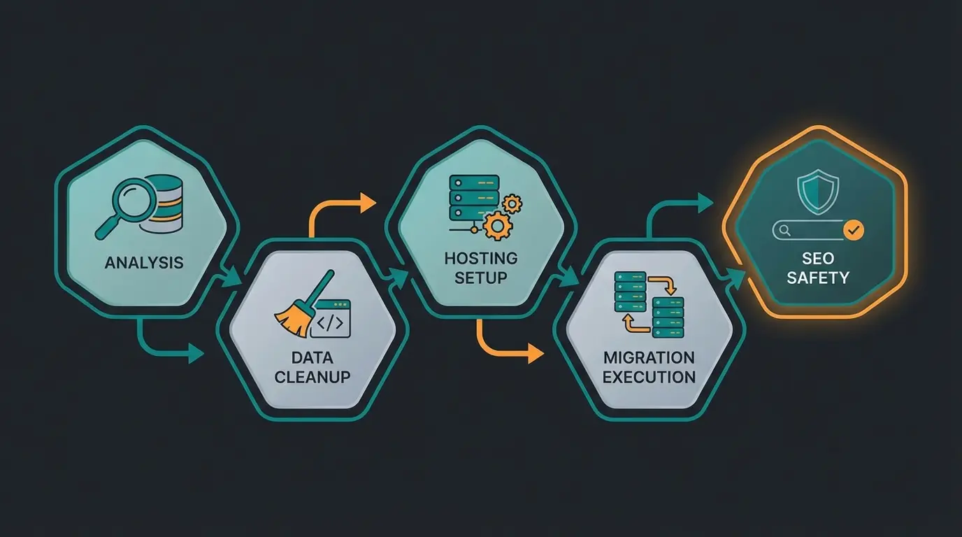 Visualisierung des 5-Schritte-Migrationsplans von WooCommerce zu Shopware
