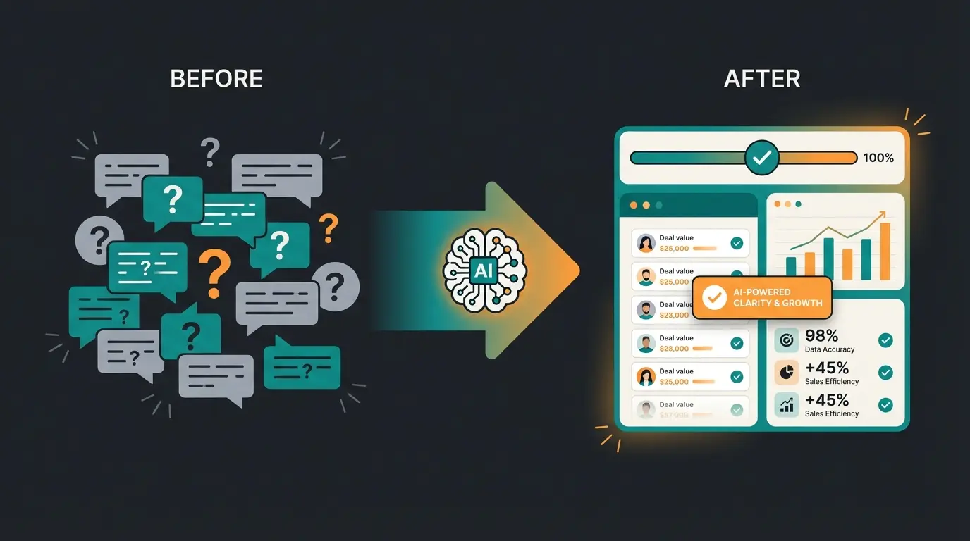 Finales Vergleichsbild: Chaotische Chat-Daten vs. strukturierte Deal-Informationen nach KI-Verarbeitung