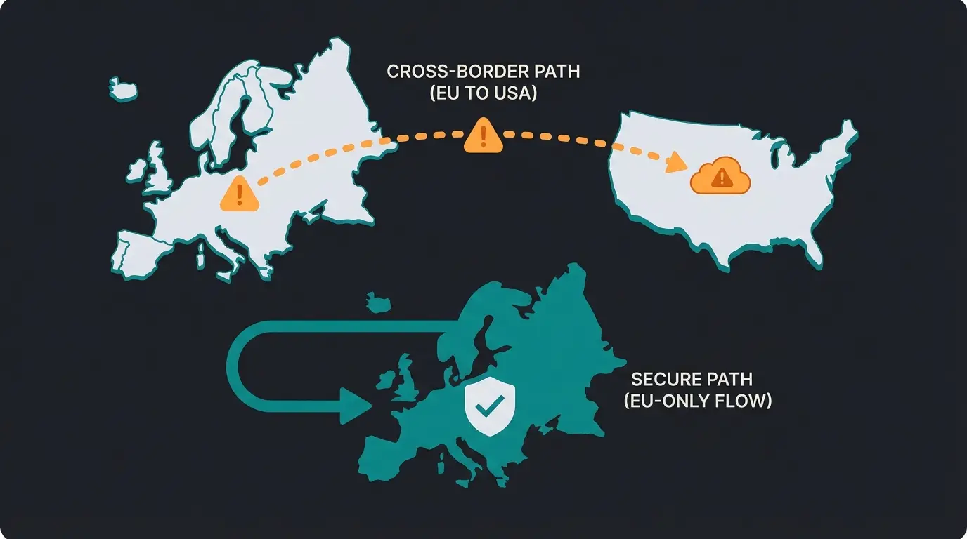 Infografik zum Datenfluss mit DSGVO-Risiken bei Zapier versus EU-konformer KI-Lösung