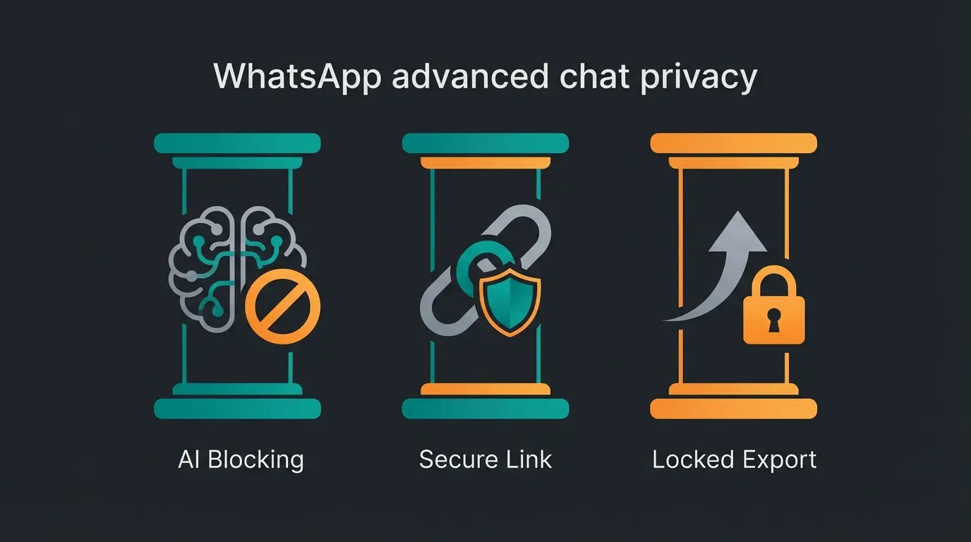 WhatsApp erweiterter Chat-Datenschutz drei Säulen: Meta AI Block, Link-Schutz und Export-Sperre
