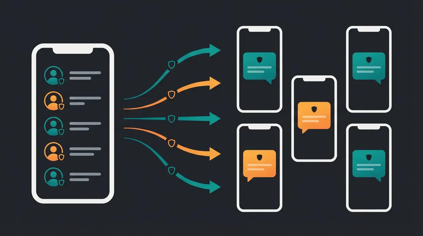 Visual comparison of WhatsApp broadcast showing sender view with recipient list versus individual recipient view showing private message