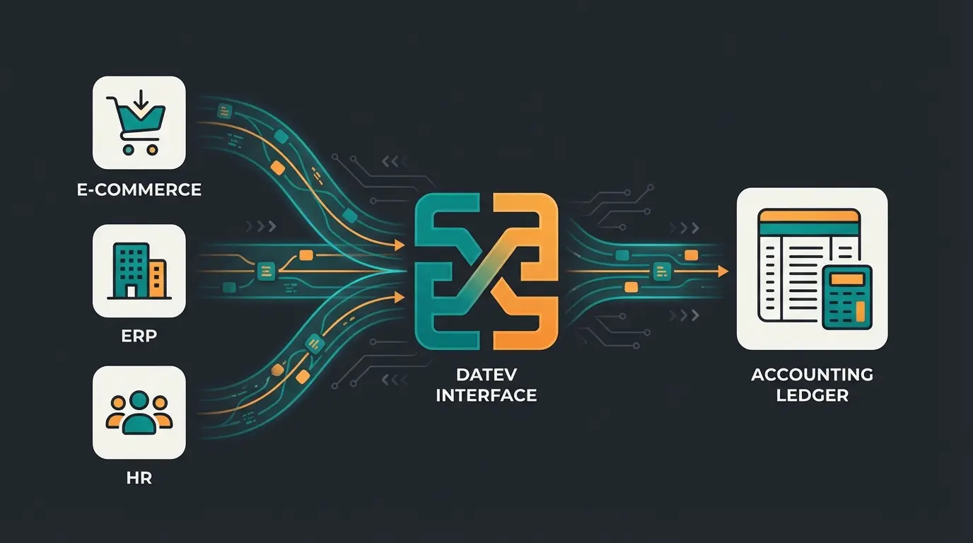 Diagram showing DATEV interface connecting ERP, e-commerce, and HR systems to accounting software