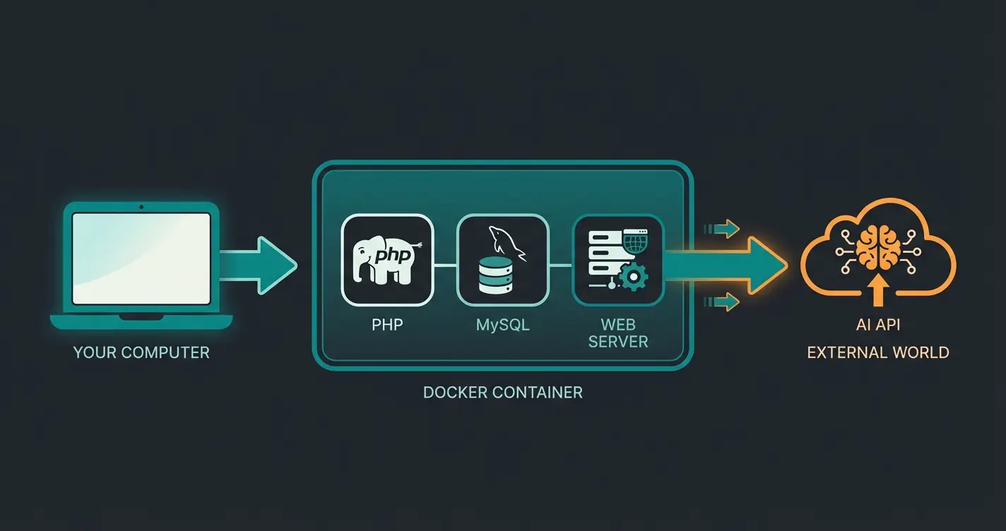 Architektur-Diagramm: Docker Container mit Shopware, MySQL und Webserver kommuniziert mit externen AI-Services