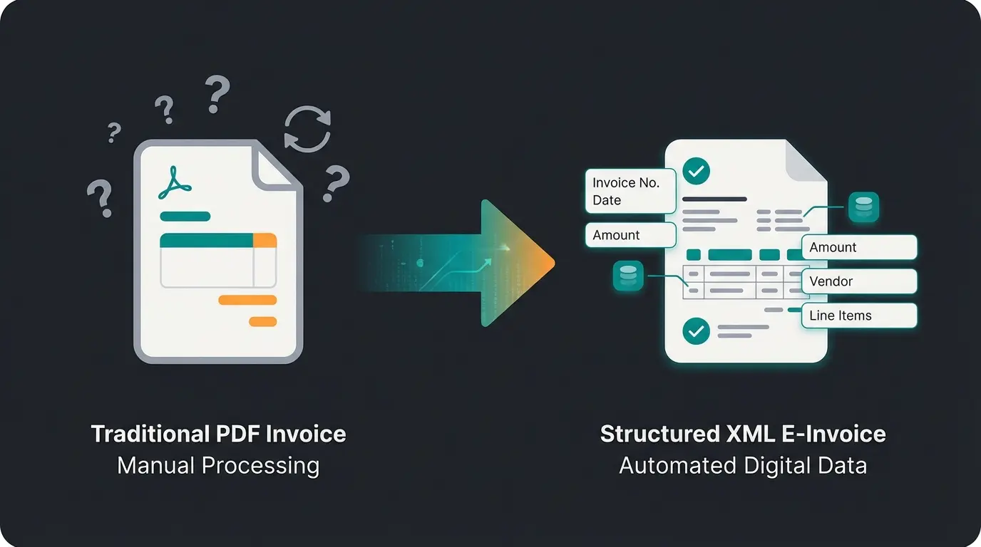 Infografik zum Übergang von PDF-Rechnungen zu strukturierten E-Rechnungsformaten wie XRechnung und ZUGFeRD