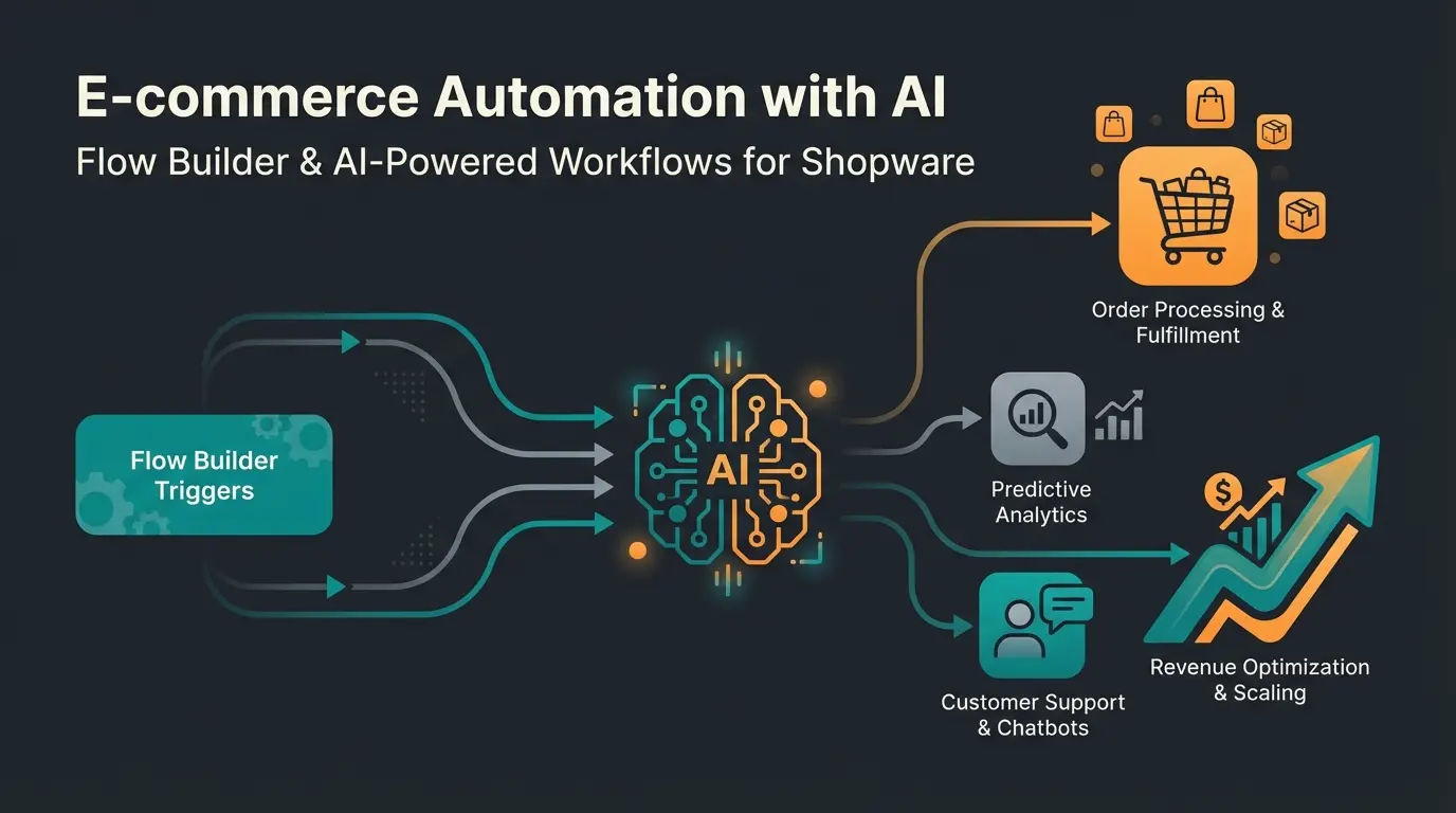 Shopware automation workflow showing Flow Builder connected to AI product consultation system