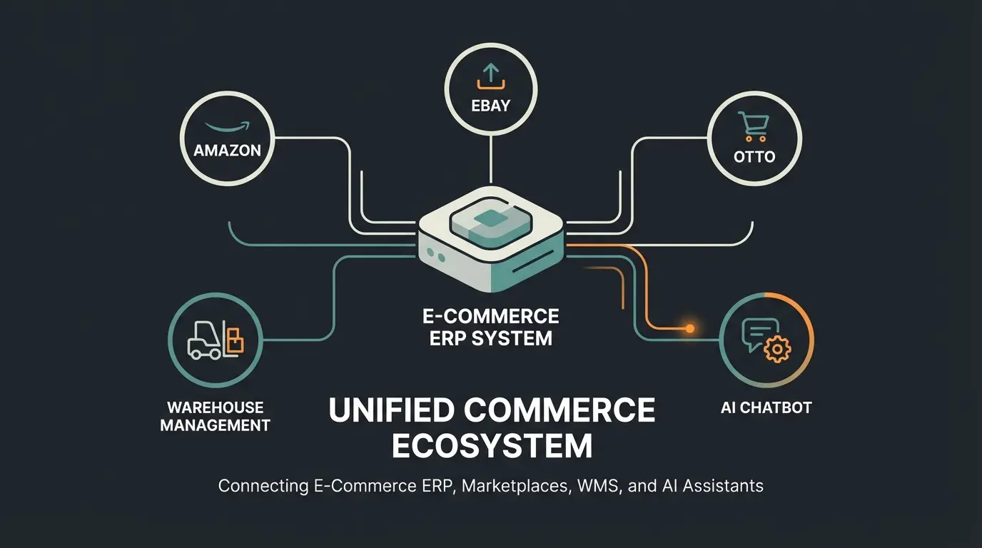 Plentymarkets PlentyONE e-commerce platform illustration with AI consultation concept