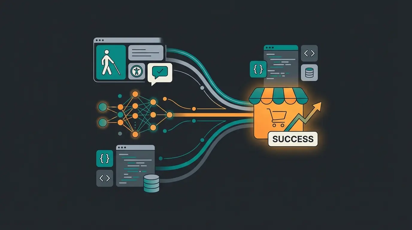 Future of e-commerce visualization showing convergence of AI agents, accessibility compliance, and modern tech stack