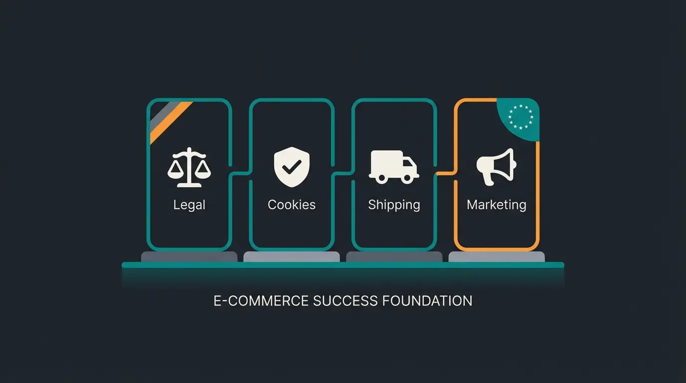 Infographic showing the German Shopify Starter Stack with four pillars: Legal, Cookie, Shipping, Marketing