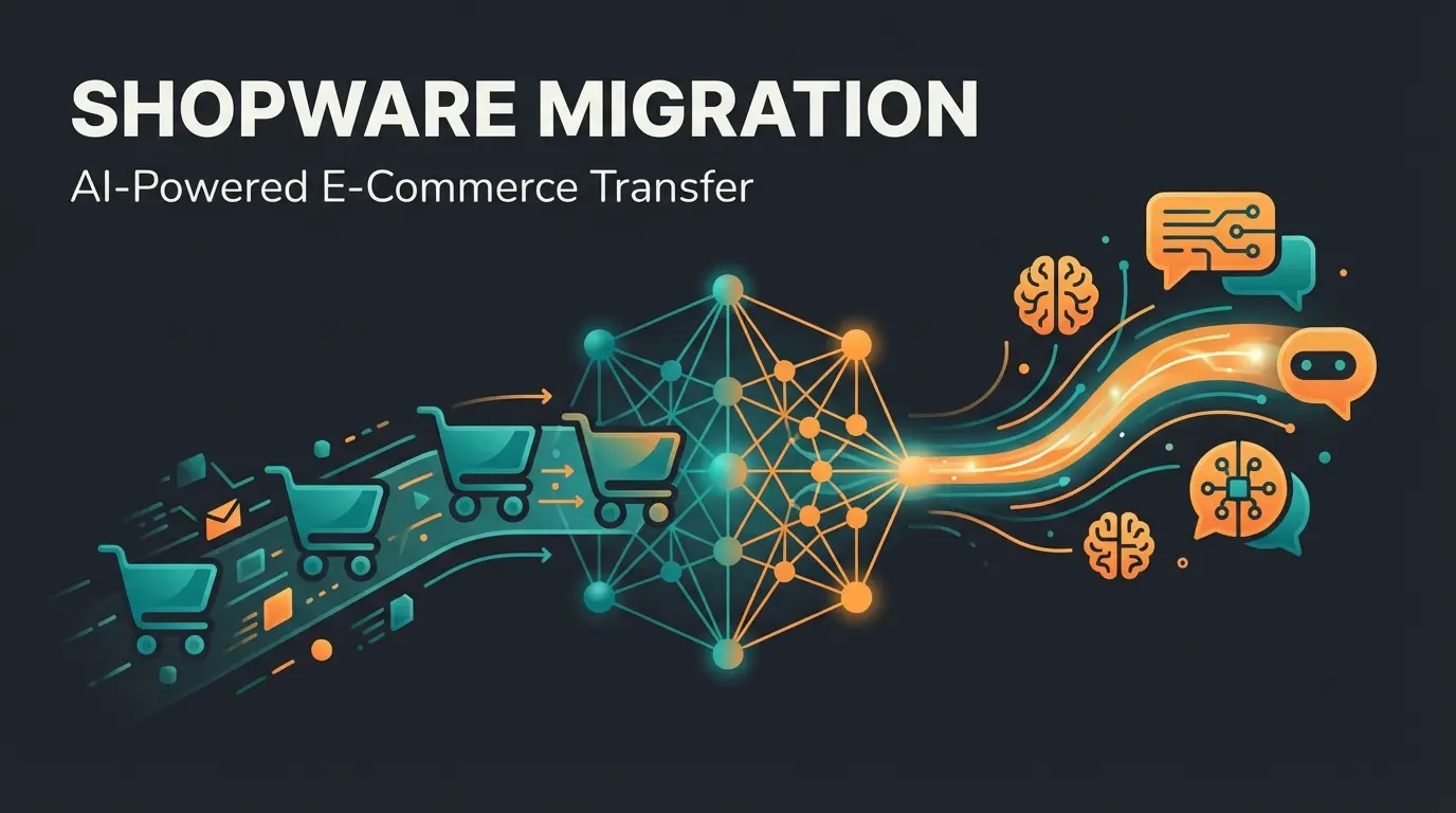 Abstract visualization of Magento migration process with AI integration elements and data flow