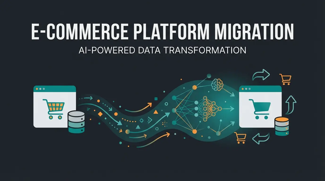 Magento to Shopware migration visualization showing data flow and AI integration in flat illustration style