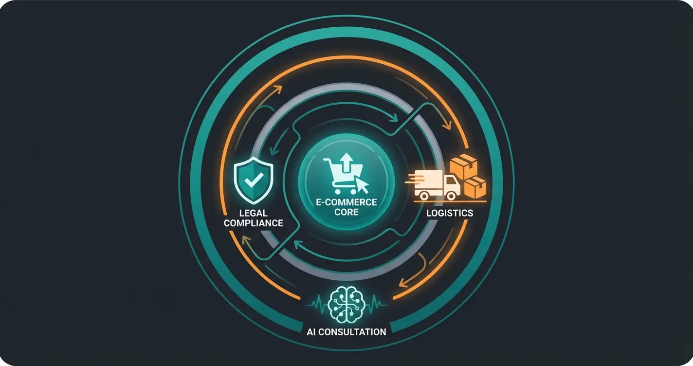 Magento 2 ecosystem visualization for German market showing core platform, legal compliance, logistics, and AI layers