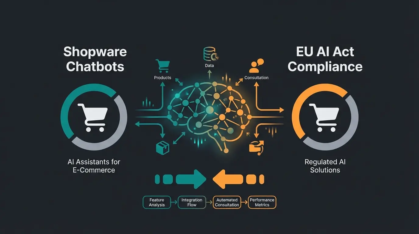 WooCommerce vs Shopify comparison visualization with e-commerce icons and AI consultation elements