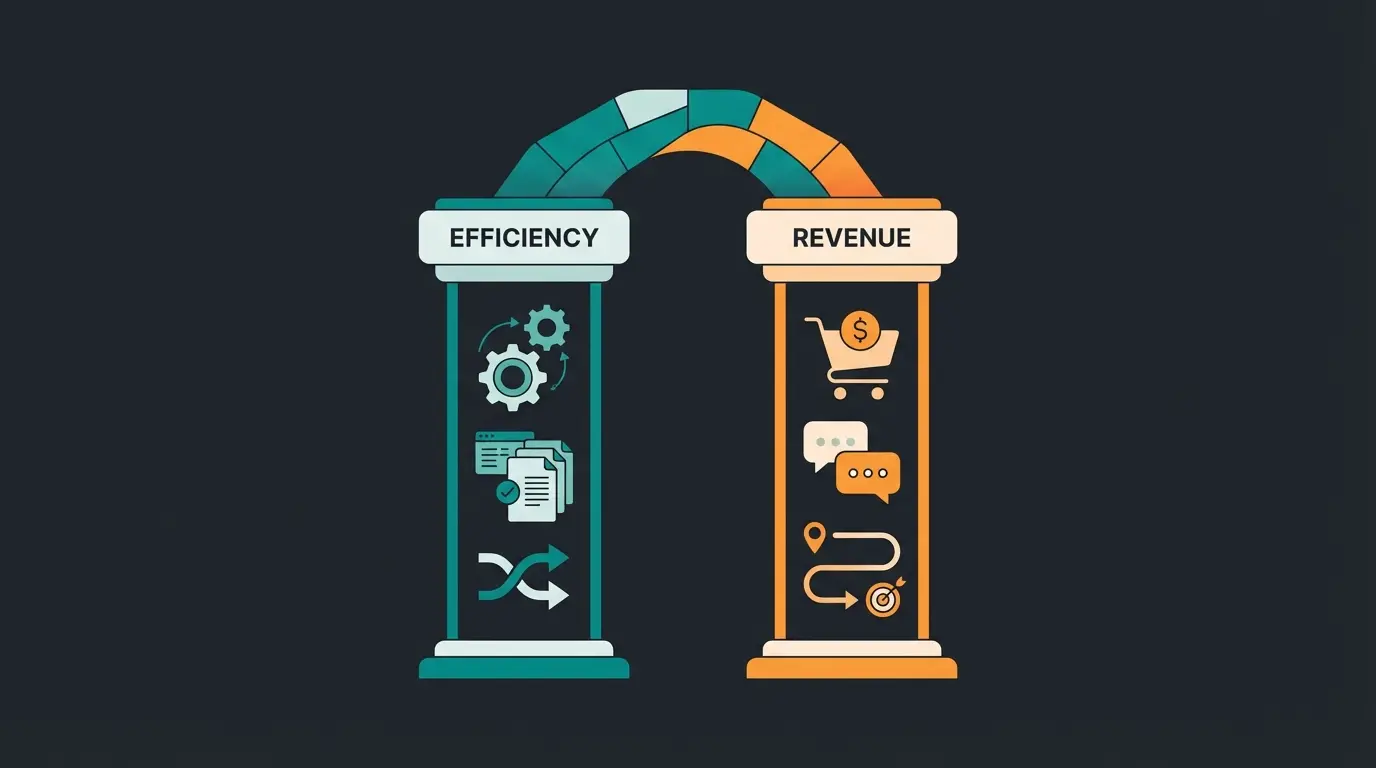 Infografik zeigt die zwei Säulen der E-Commerce KI: Backend-Effizienz und Frontend-Umsatz