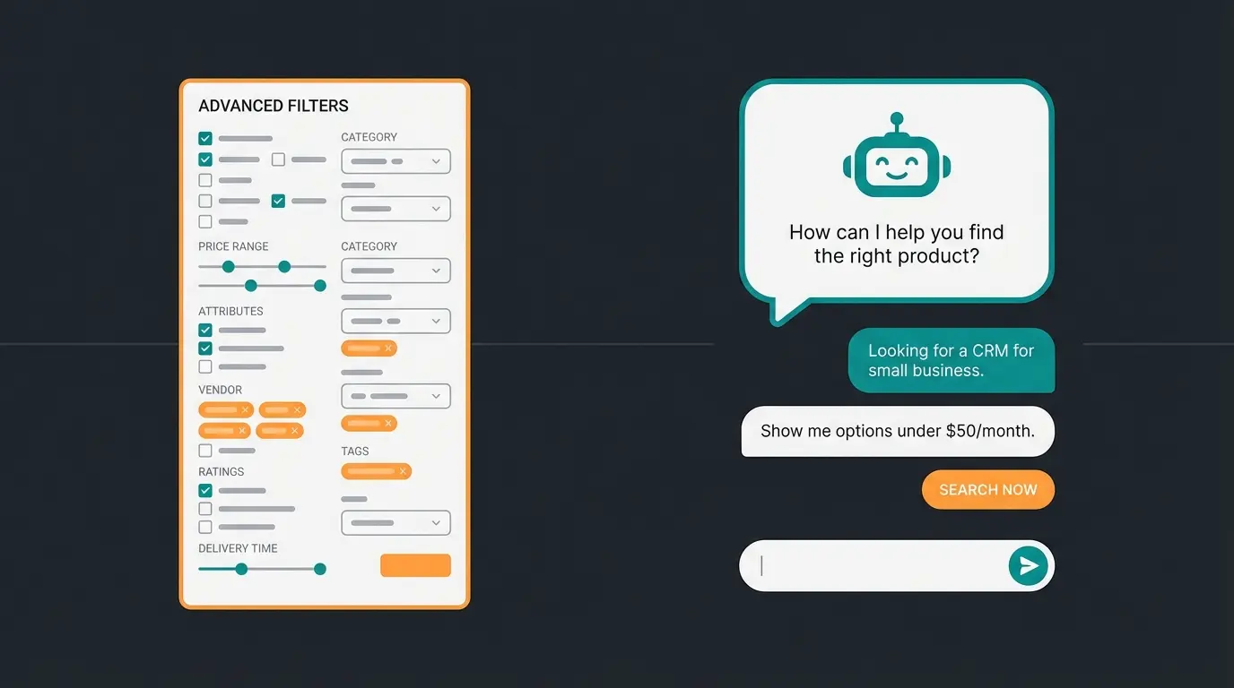 Vergleich zwischen überladener Filtersuche und KI-gestützter Produktberatung