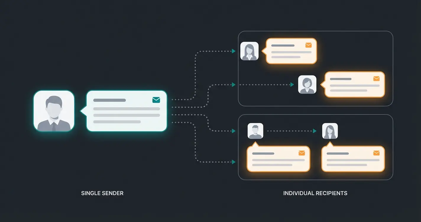Visualisierung des WhatsApp Broadcast Prinzips mit Bcc-Vergleich