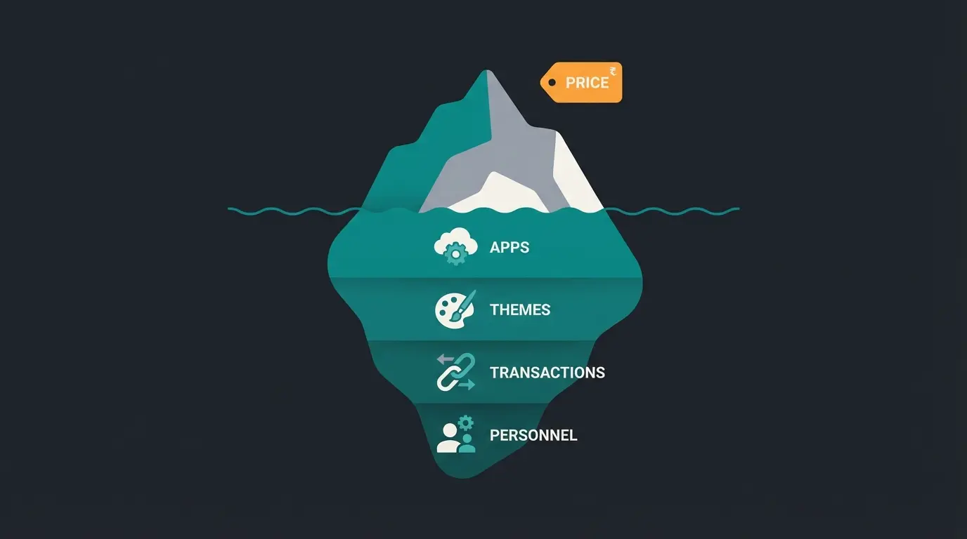 Iceberg visualization showing visible Shopify subscription costs above water and hidden costs like apps, themes, and personnel below