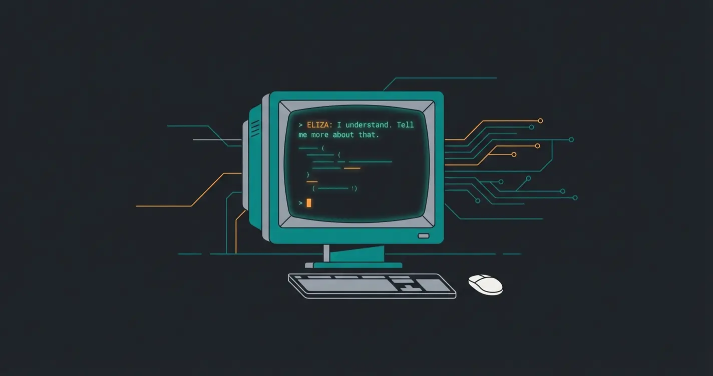 Retro computer terminal showing ELIZA code