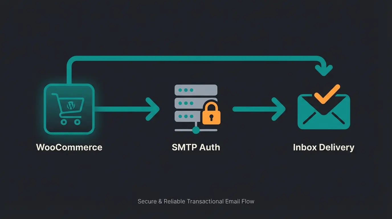Infografik zum WooCommerce Email Tech-Stack mit SMTP und Marketing-Plugin